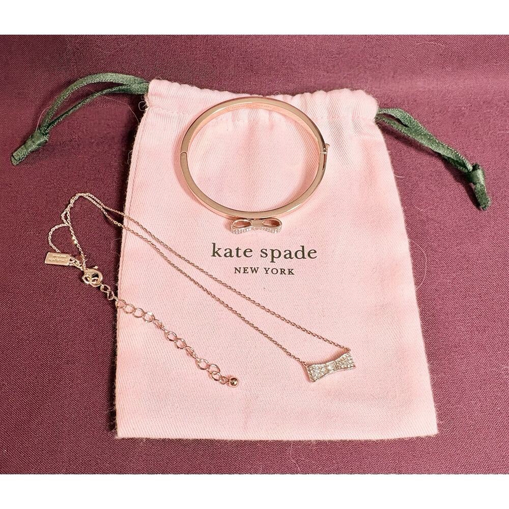 Kate Spade Bangle & Necklace Set "Ready Set Bow" Pave Rose Gold NEW Bracelet